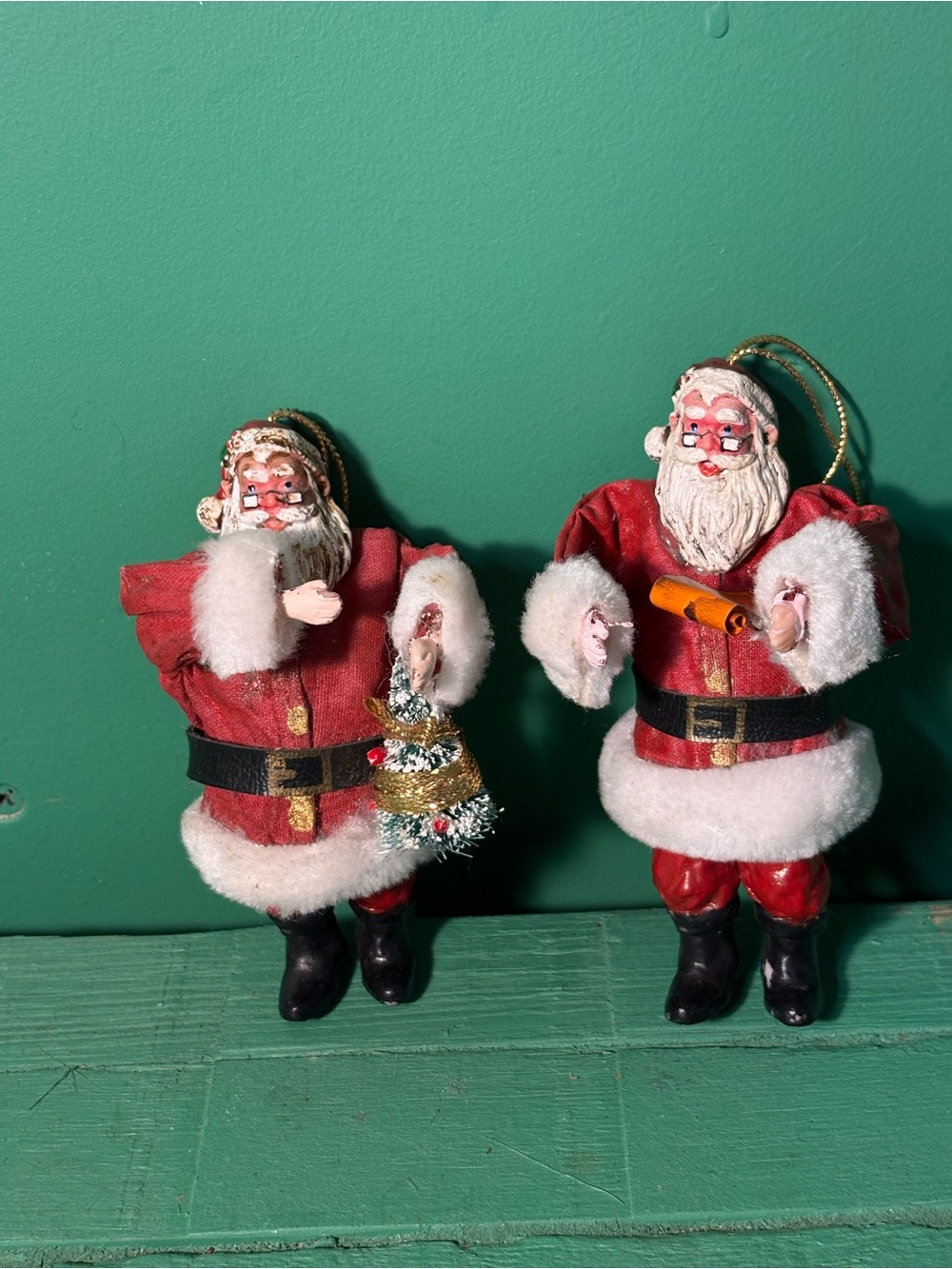 Pair of Red Santa Claus Holiday Ornaments Paper Mache Vintage